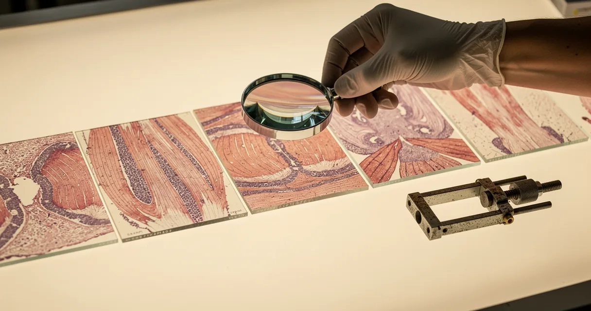 A gloved hand examining muscle-section slides beside a mechanical testing grip