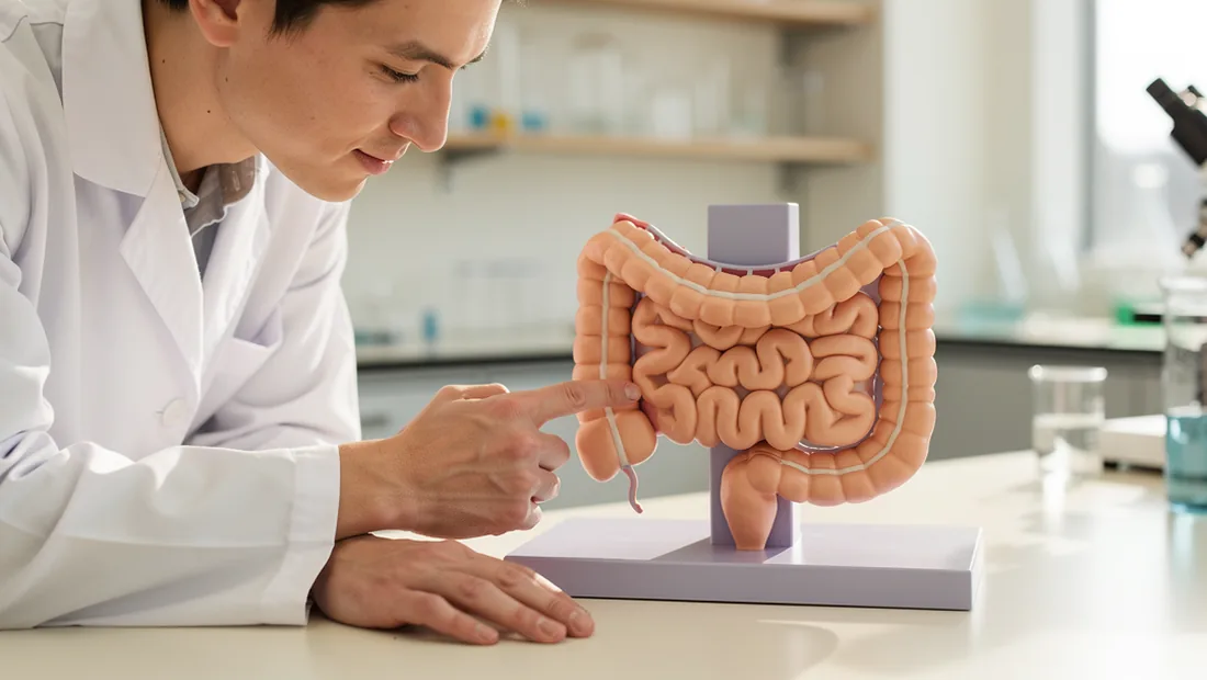 A technician pointing to the folded lining of an open intestinal teaching model